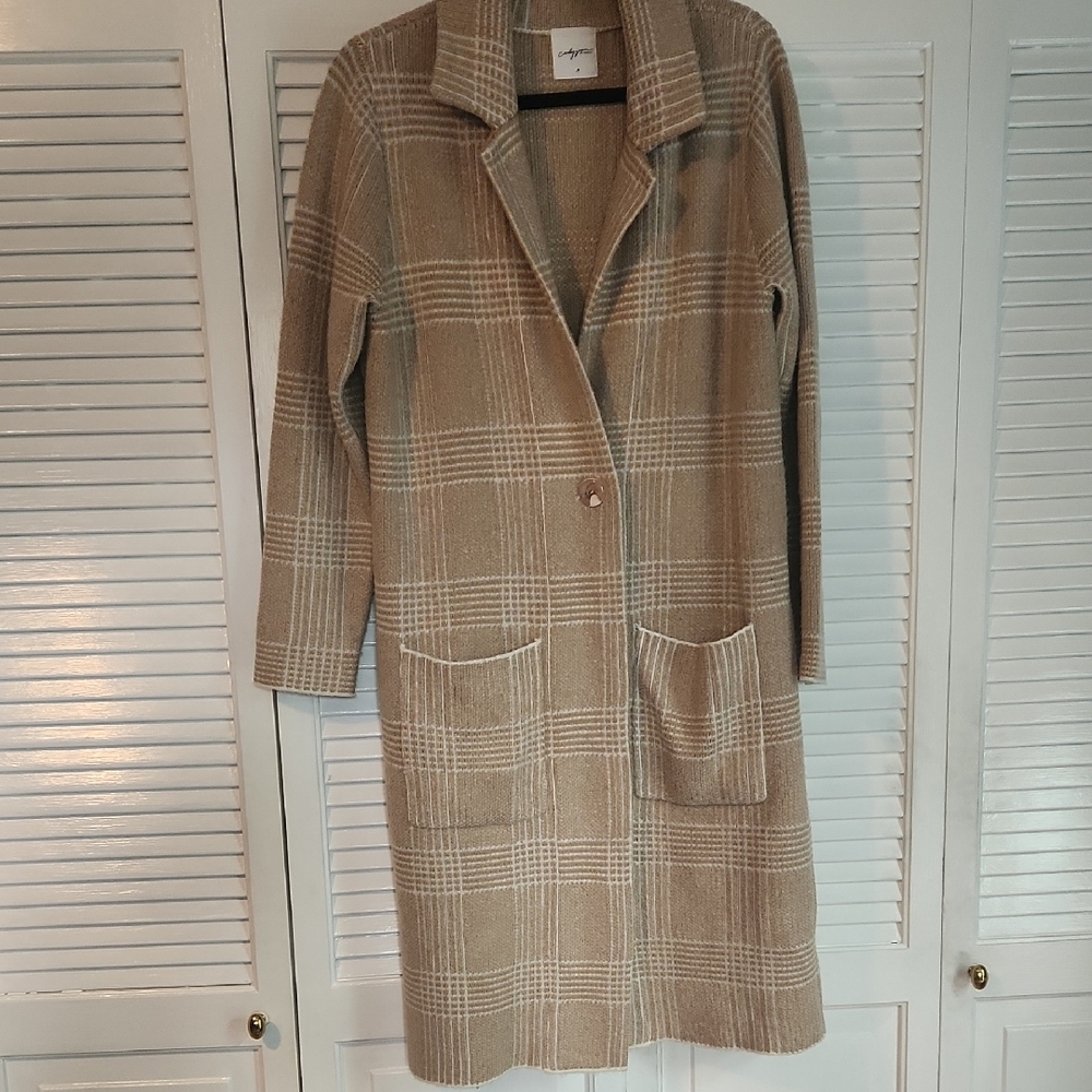Carly Jean Los Angeles Eleanor Tan Plaid Sweater Coat